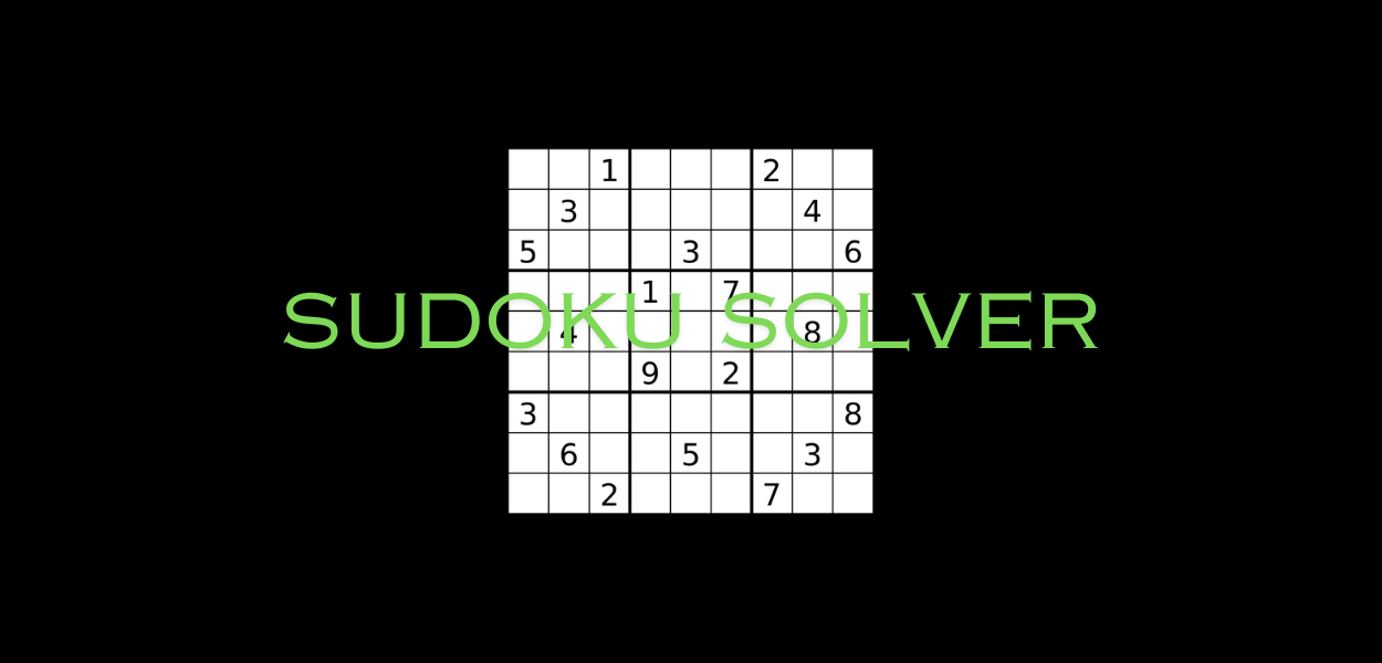 Black background with an image of a sudoku puzzle in the middle with the text 'Sudoku Solver' in the foreground